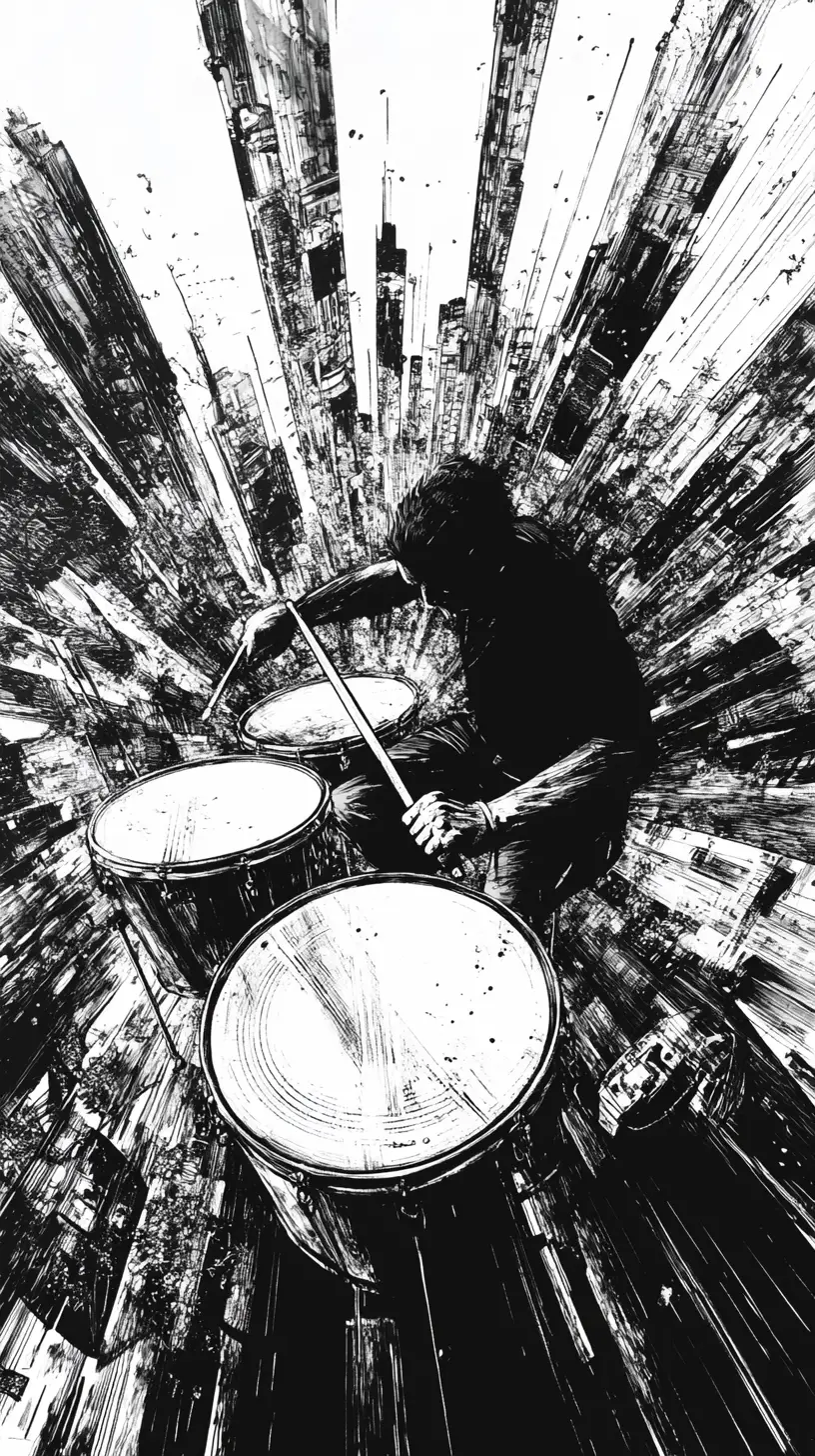 Drummer smashing a drum set in explosive urban illustration