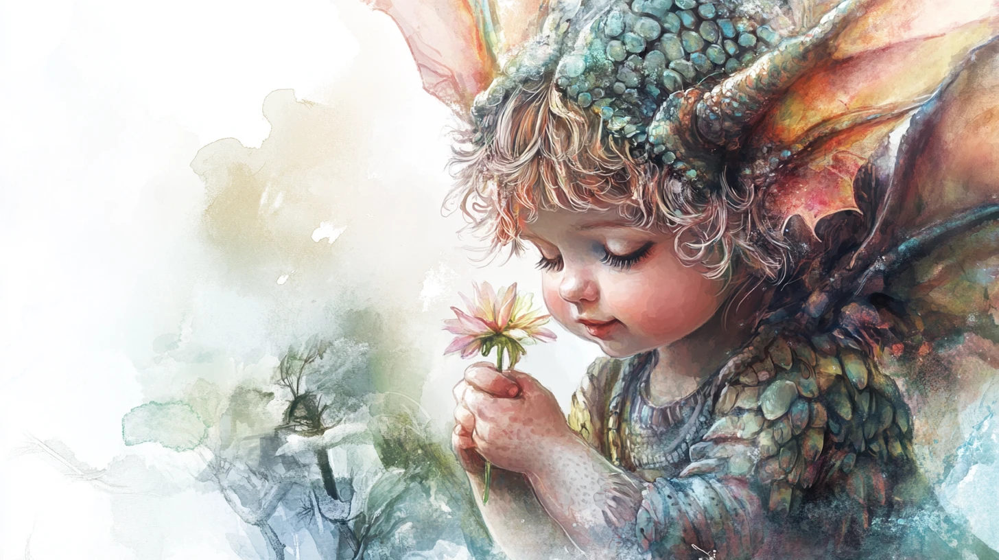 Tiny baby dragon holding a flower in soft watercolor style