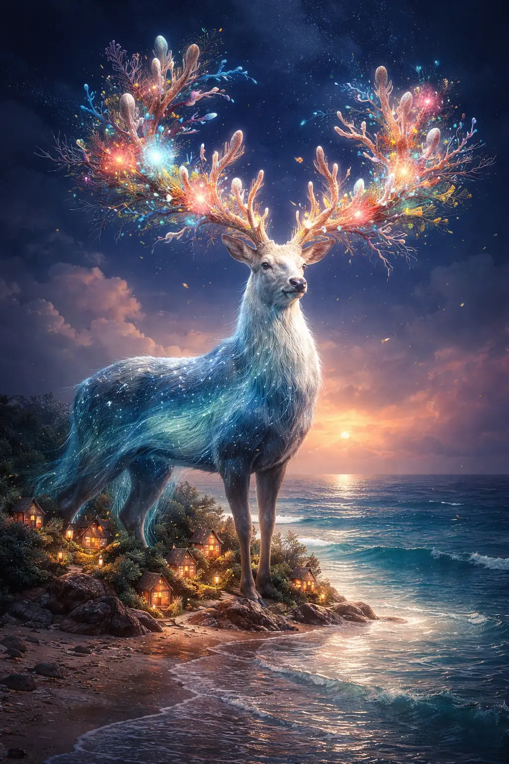 Fantasy stag of coral antlers standing by the sea