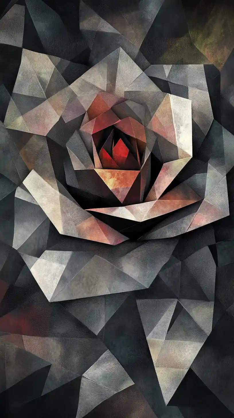 Geometric cubist rose painting with dramatic chiaroscuro