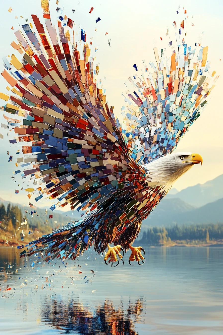 Eagle In Flight With Shattered Mosaic Wings Over Water