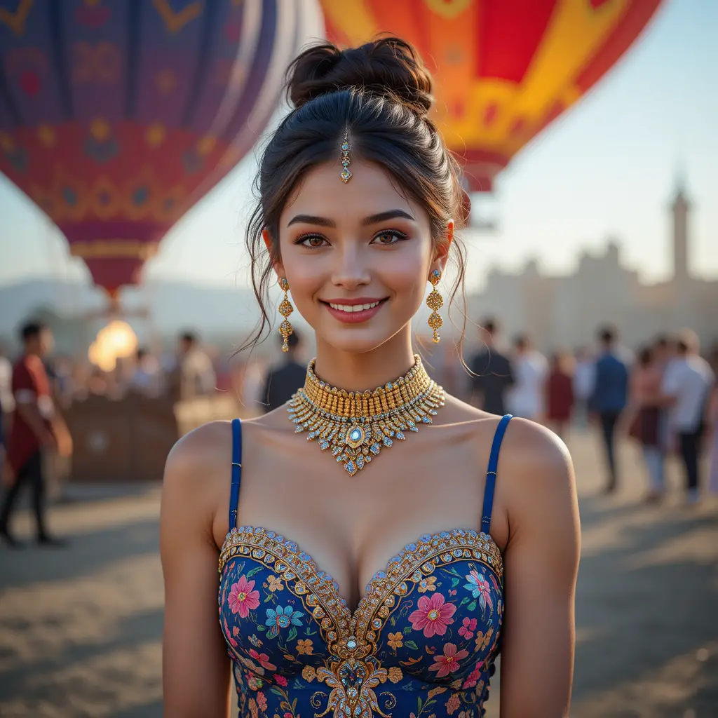 Joyful indian girl in embroidered royal blue dress