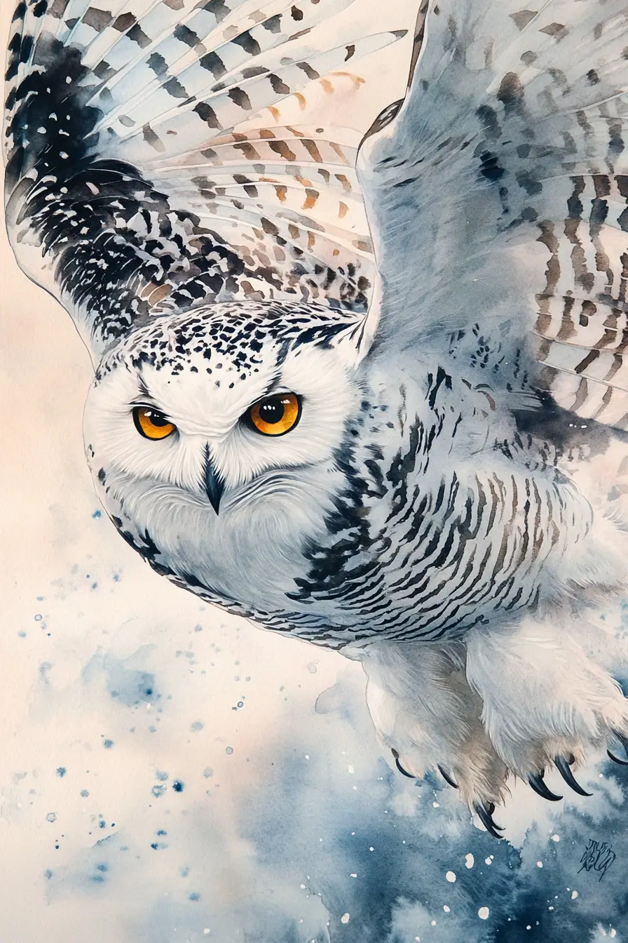Snowy owl lunging forward in close up watercolor painting