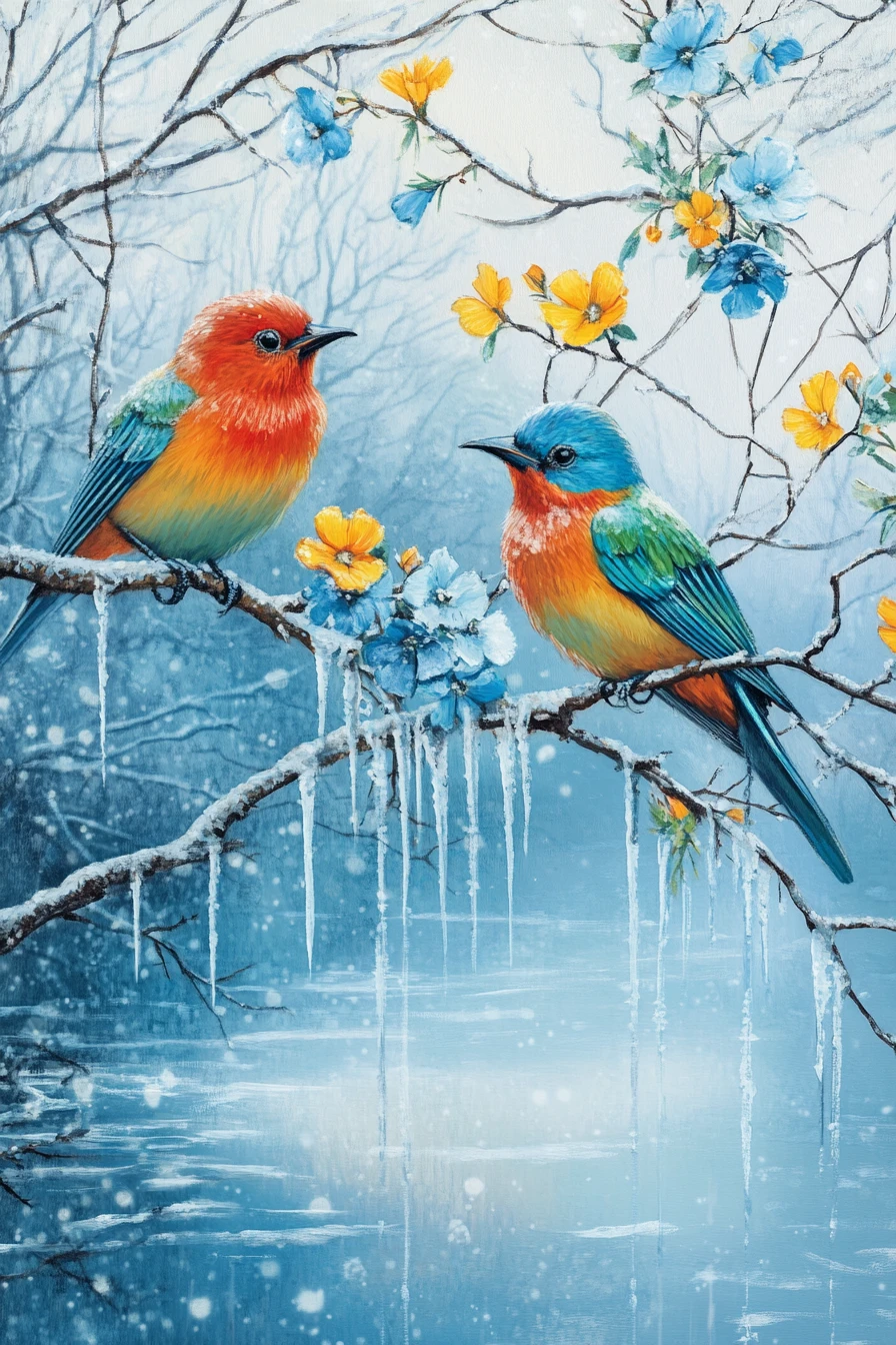 Colorful birds on a snowy tree above a calm winter lake