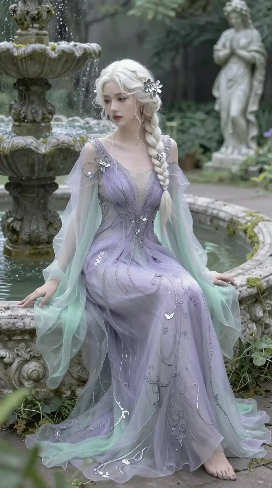 Ethereal woman by a moss covered fountain in a garden