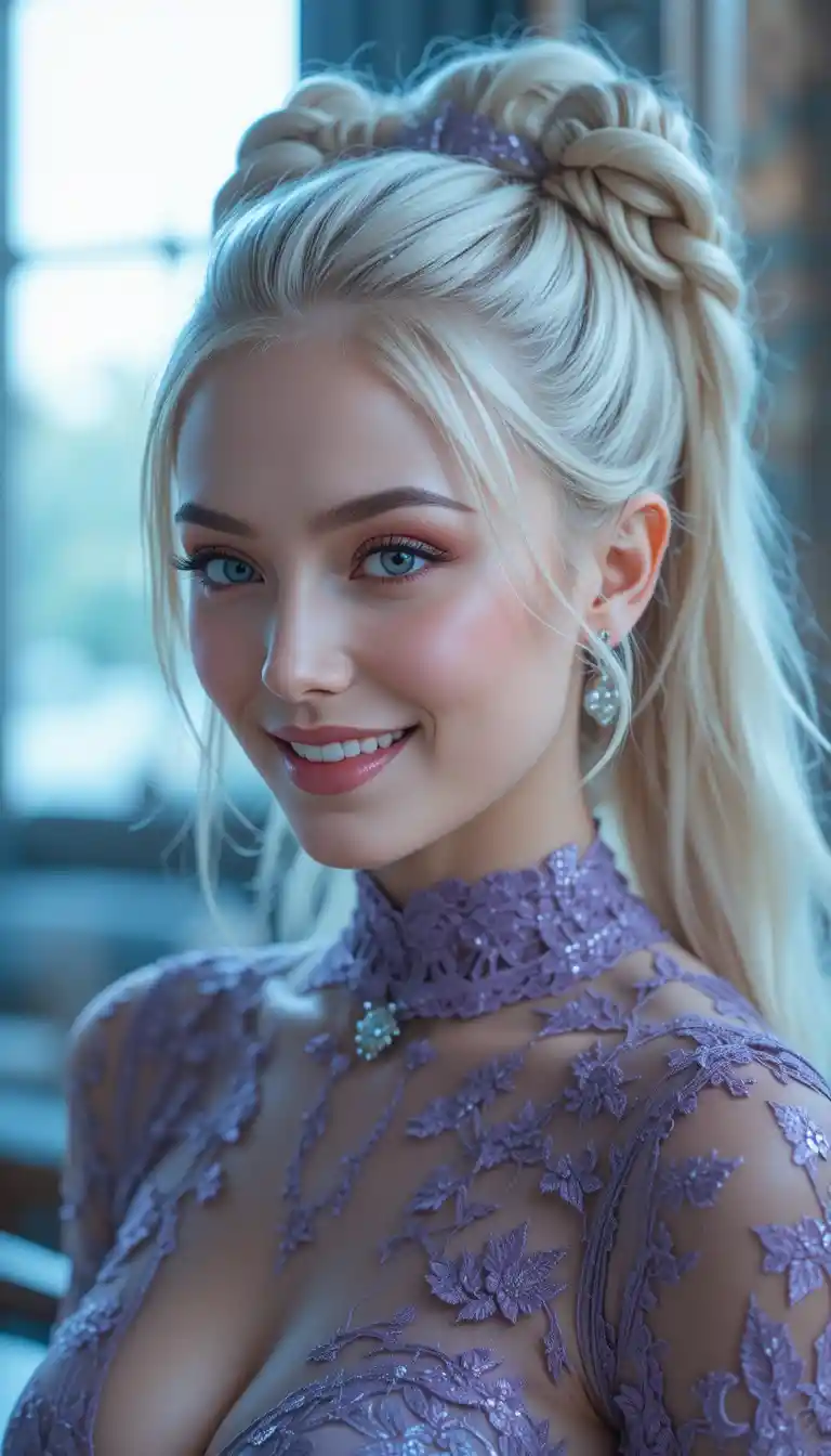 Joyful blonde woman in lace portrait with soft rim light
