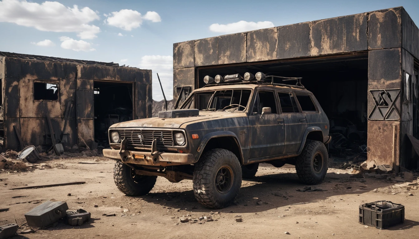 Armored off road car in an abandoned wasteland garage