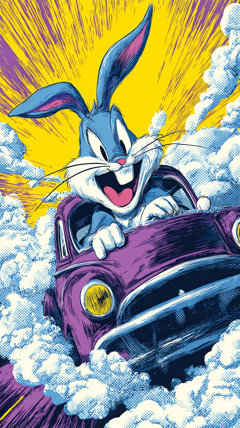 Cartoon rabbit driving a vintage car in a bright sky