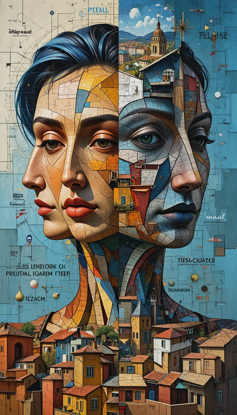 Cubist portrait within a fragmented faceted cityscape