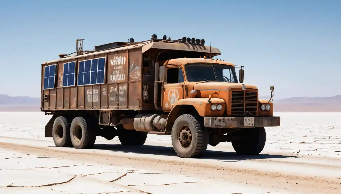 Armored wasteland truck on a dusty desert highway