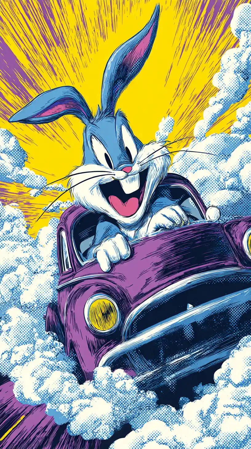 Conejo de dibujos animados conduciendo un coche clásico en un cielo brillante