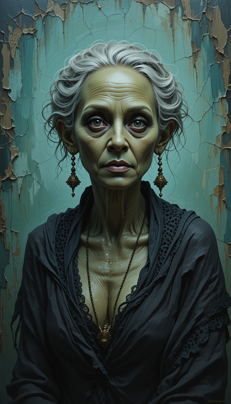 Haggard green skinned crone in tattered black lace