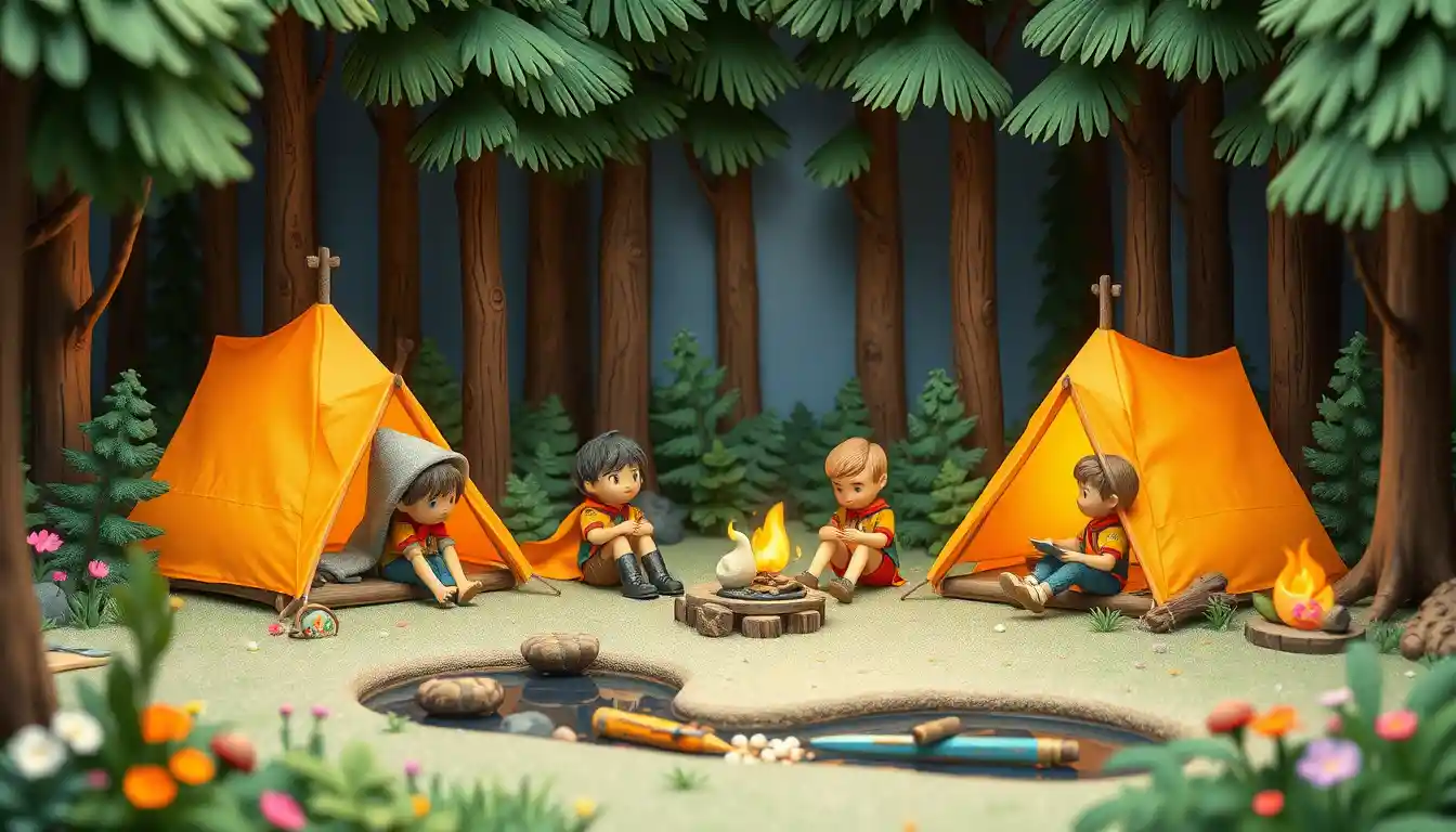 Childlike clay illustration of scouts camping in a forest
