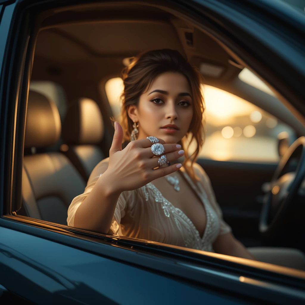 Elegant woman in luxury car with diamond ring at sunset