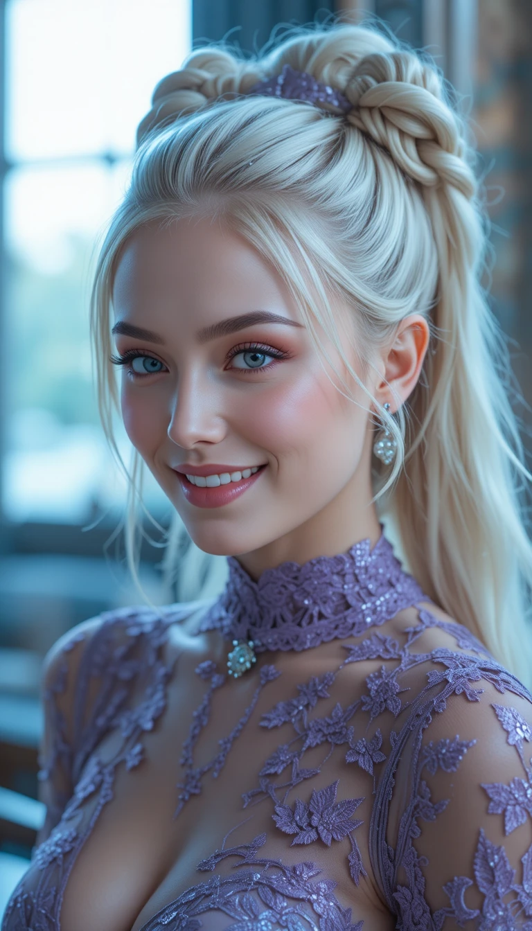 Joyful blonde woman in lace portrait with soft rim light