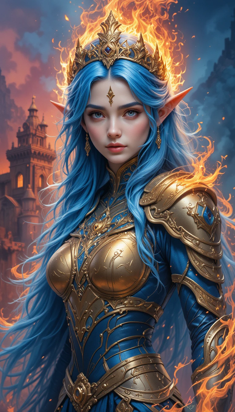 Blue haired elf queen in golden armor with swirling flames