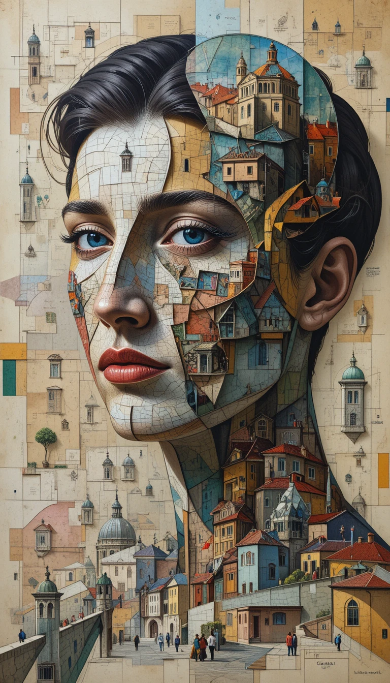 Fragmented cubist faces merge with a faceted colorful city