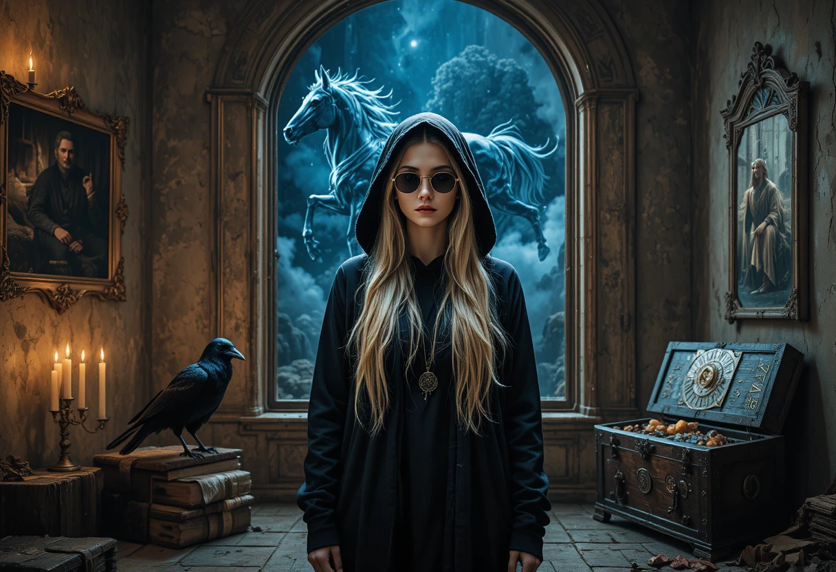 Mystische Frau im schwarzen Hoodie vor einem uralten Fenster