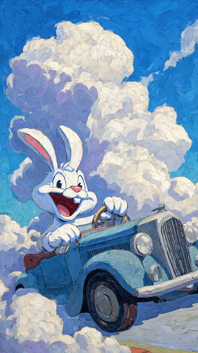Cartoon rabbit smiling while driving a vintage car through clouds