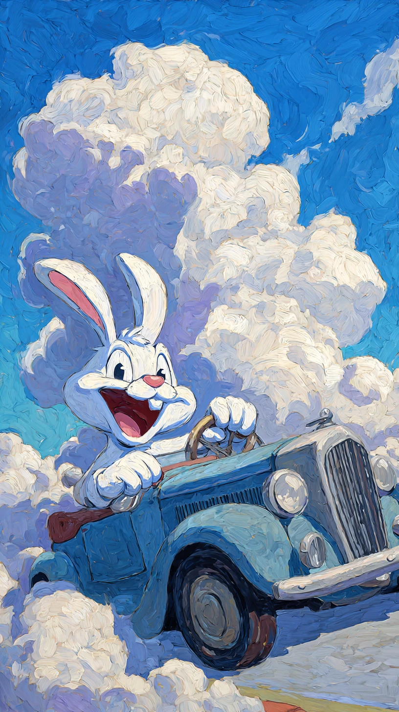 Cartoon rabbit smiling while driving a vintage car through clouds