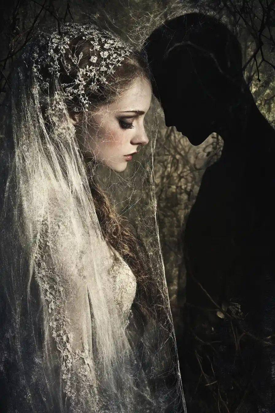 Veiled bride beside her cold and shadowy groom
