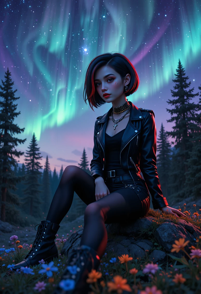 Gothic woman under aurora sky in a mystical forest
