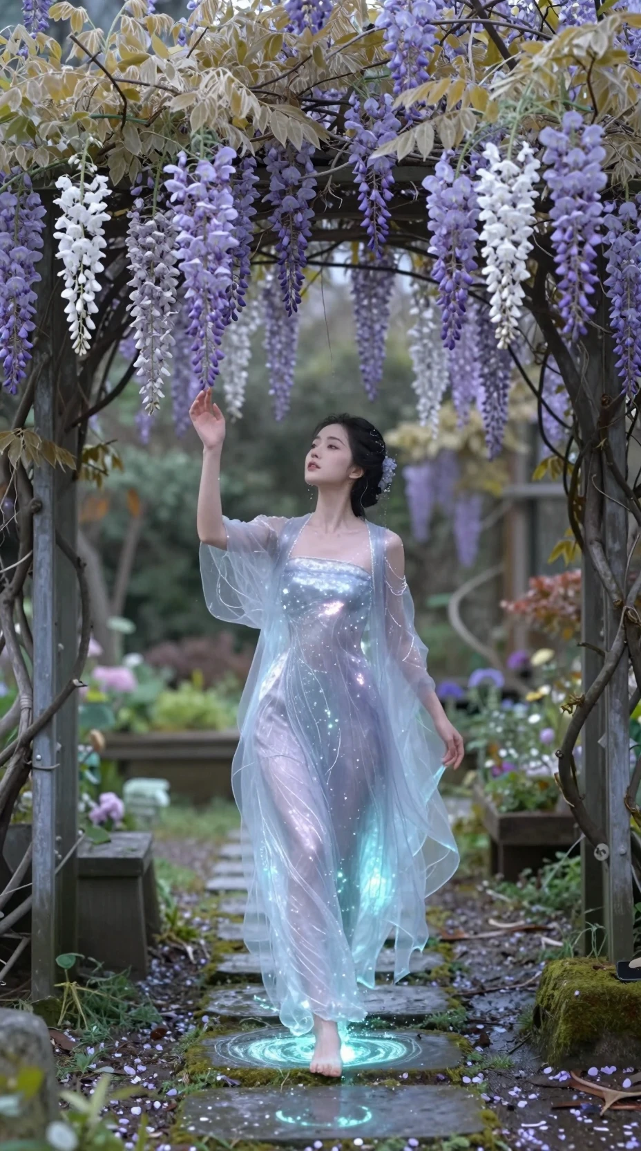 Ethereal Water Spirit Walking Through Blooming Wisteria Garden