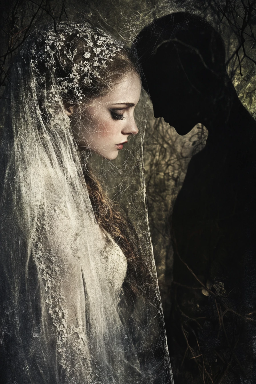 Veiled bride beside her cold and shadowy groom