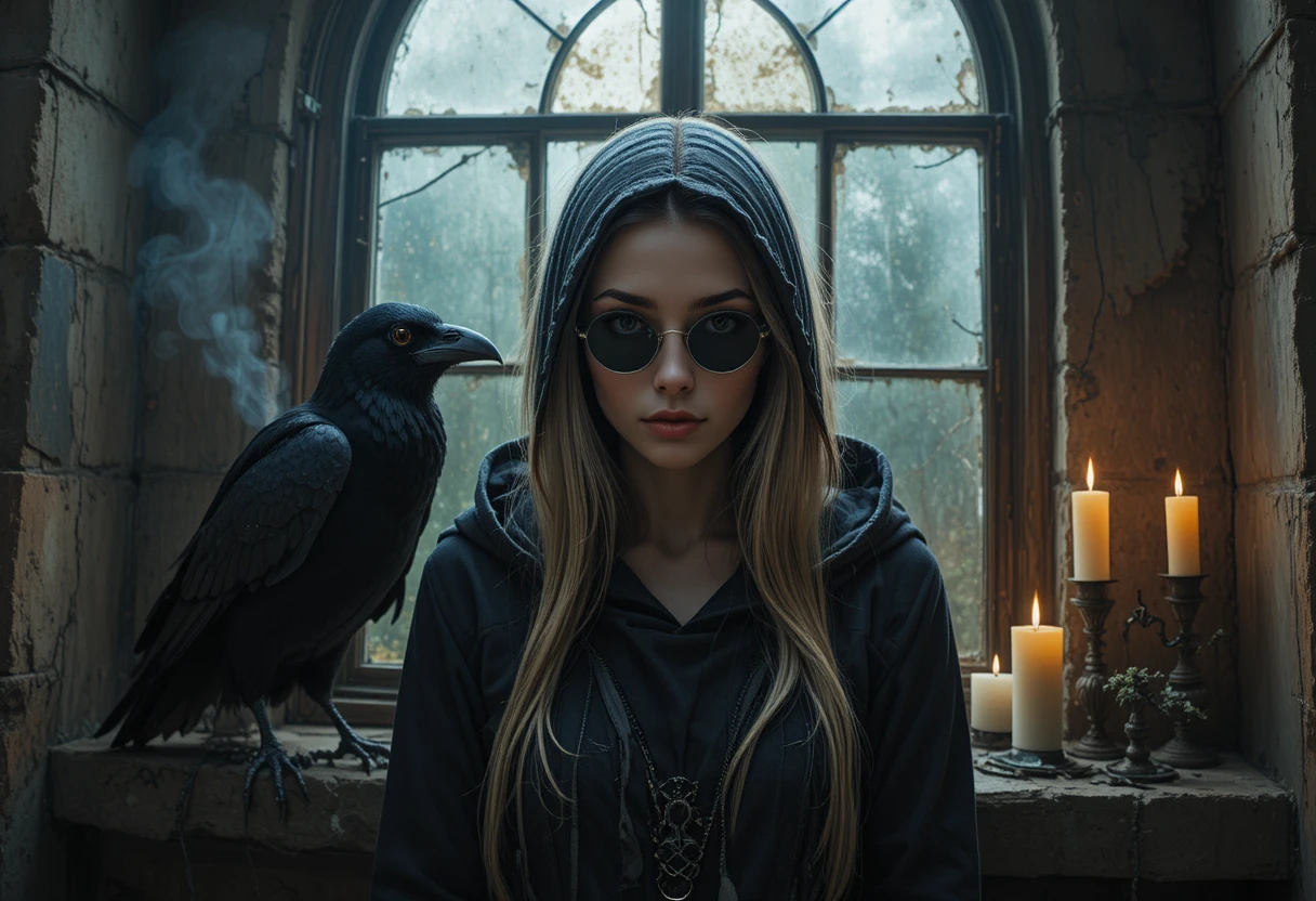 Mystical woman in black before an old candlelit window