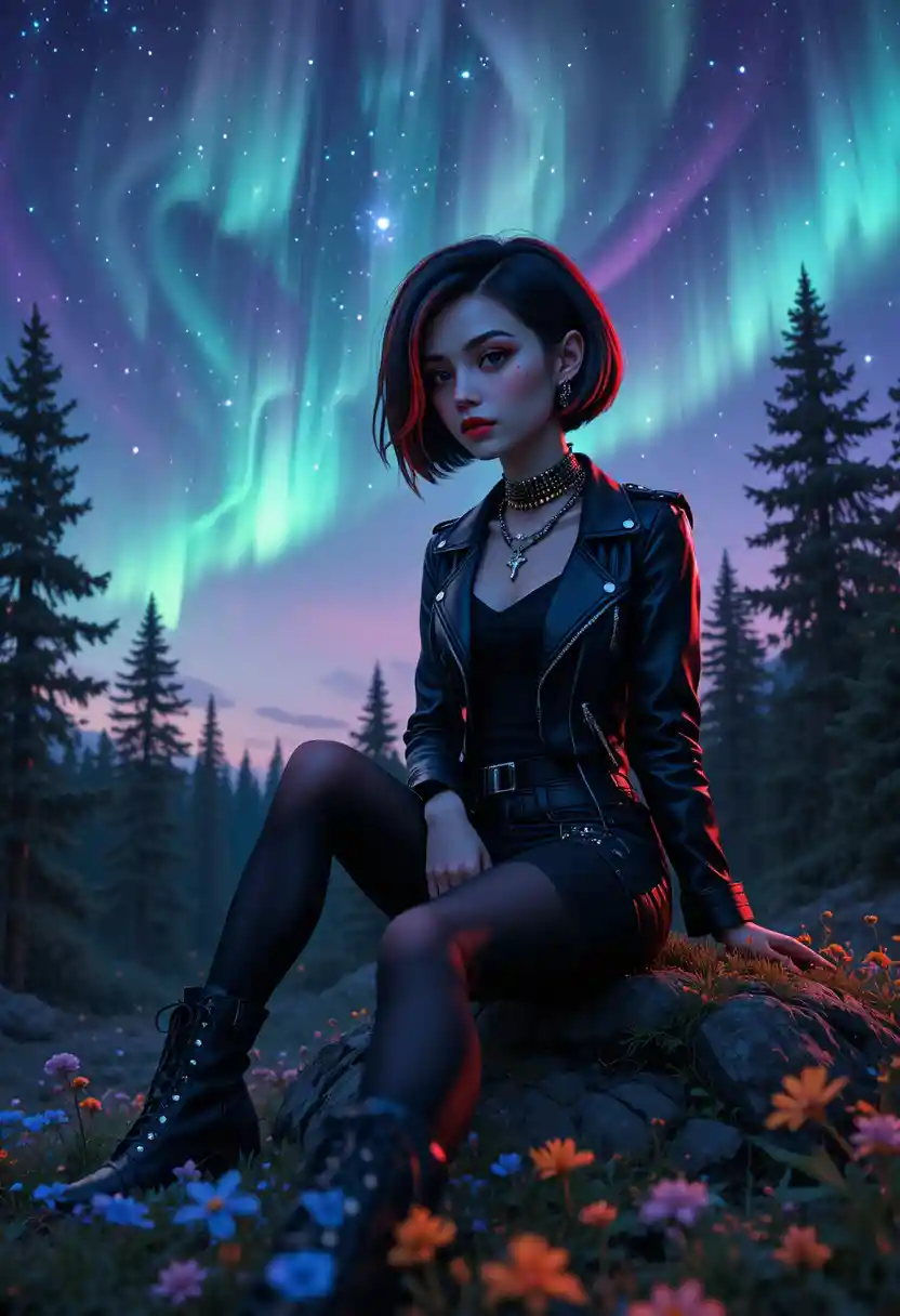Gothic woman under aurora sky in a mystical forest
