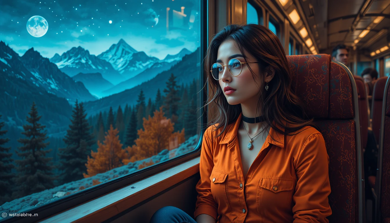Young brunette woman on a night train gazing at mountains