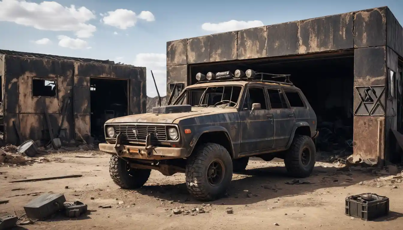 Coche todoterreno blindado en un garaje abandonado del yermo