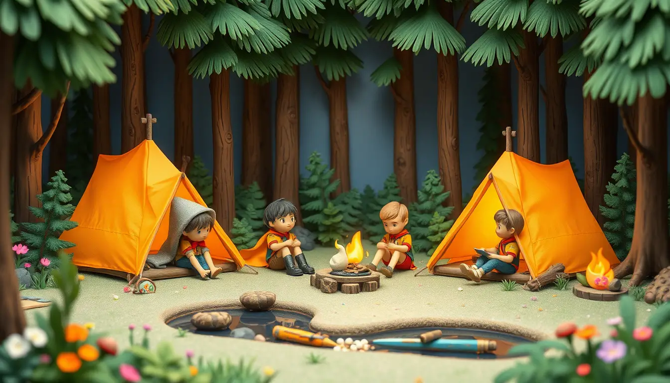 Childlike clay illustration of scouts camping in a forest