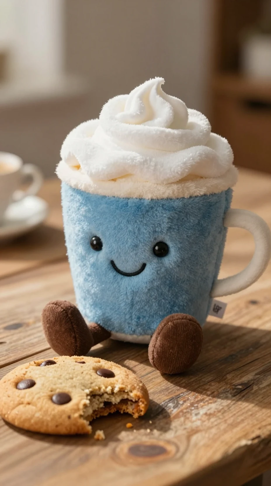 Cute latte plush toy with cookie on wooden table