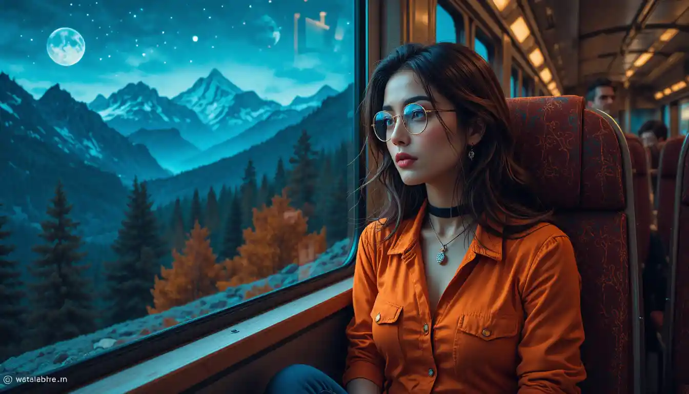 Young brunette woman on a night train gazing at mountains
