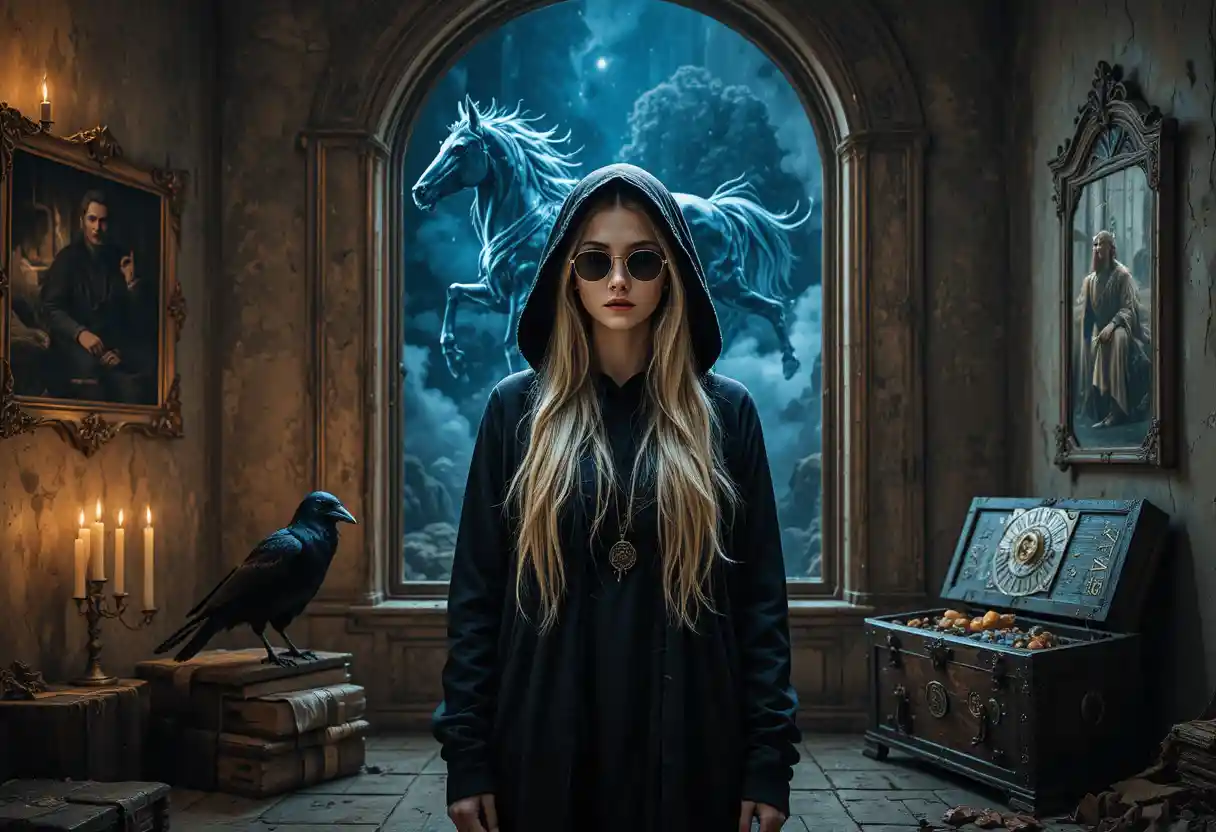 Mystical woman in black hoodie before an ancient window