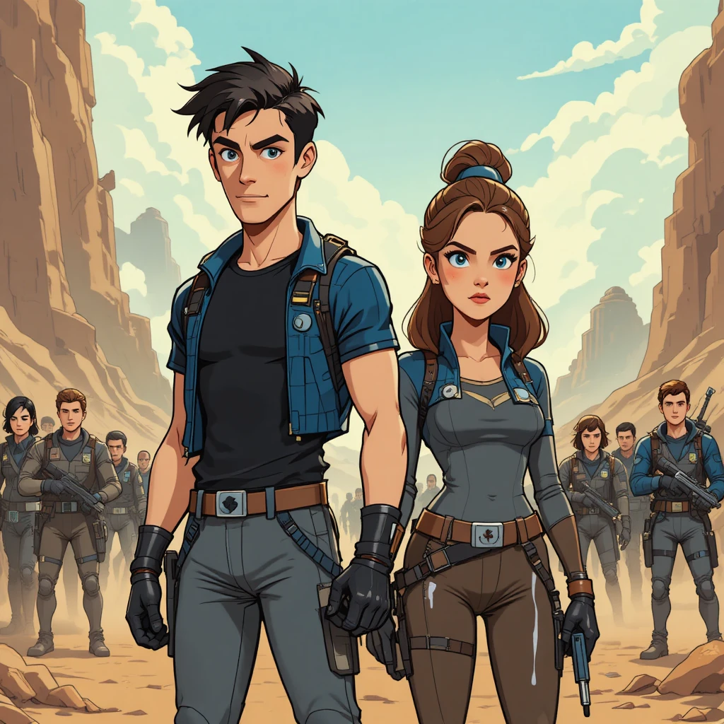 Two rugged space opera heroes on alien battlefield