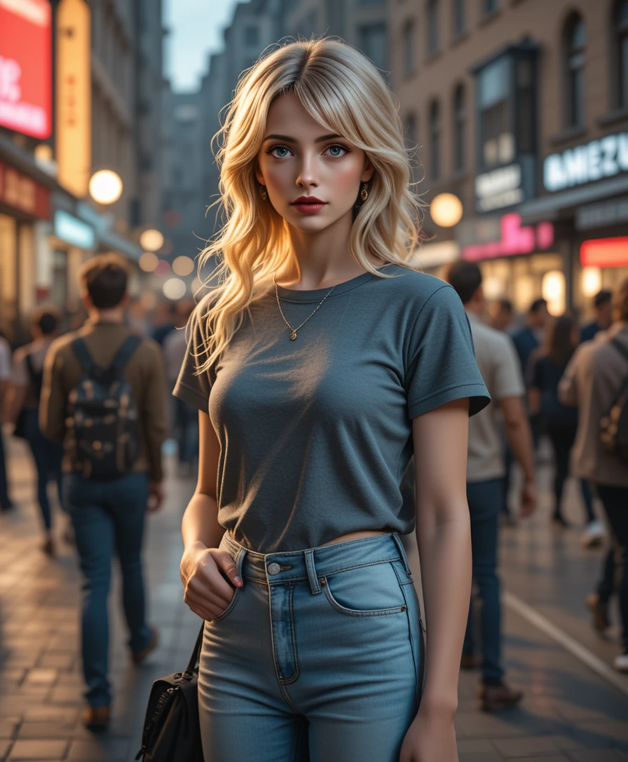 Mujer rubia con cámara en una plaza urbana concurrida