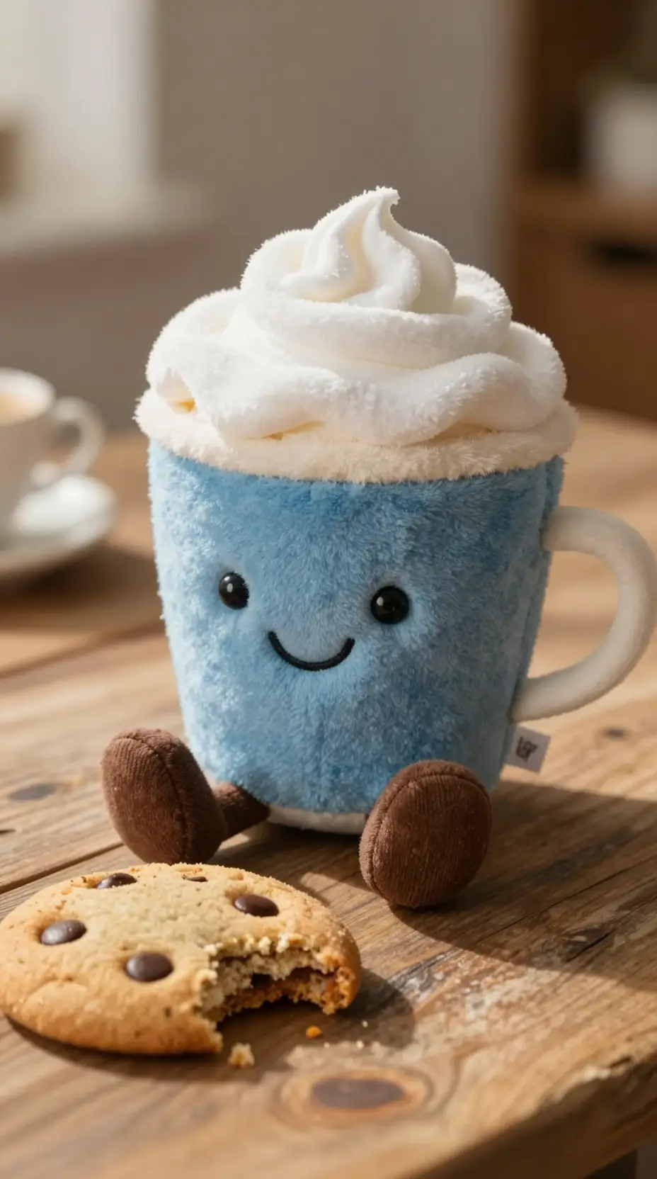 Cute latte plush toy with cookie on wooden table
