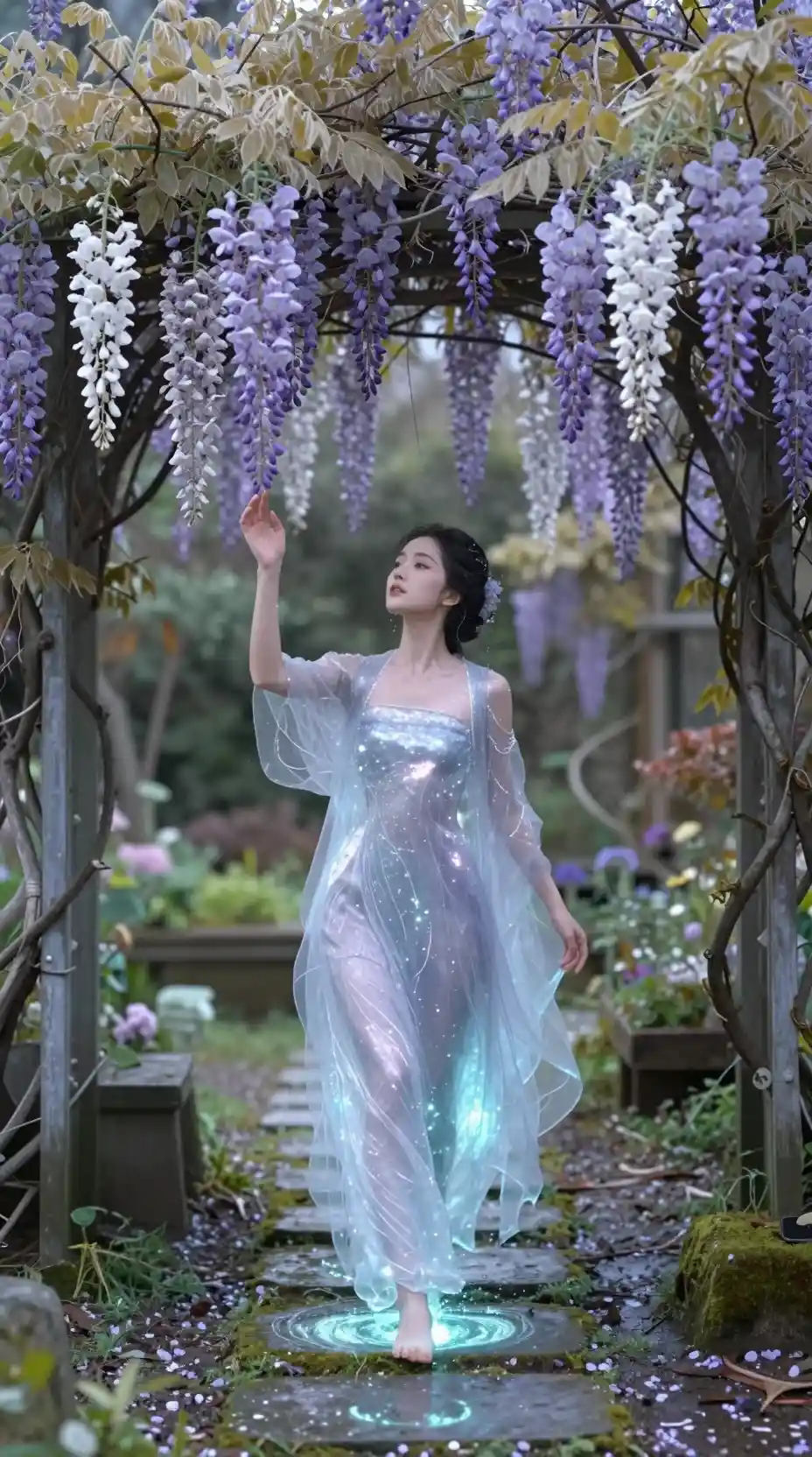 Ethereal Water Spirit Walking Through Blooming Wisteria Garden
