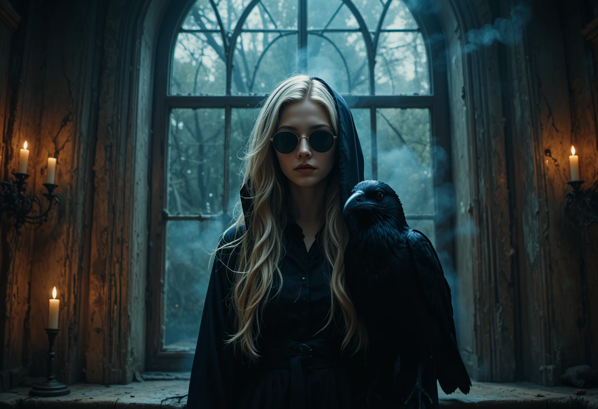 Mystical woman before a worn window with a raven companion