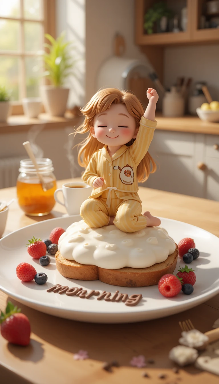 Cute chibi girl stretching on toast in sunny kitchen