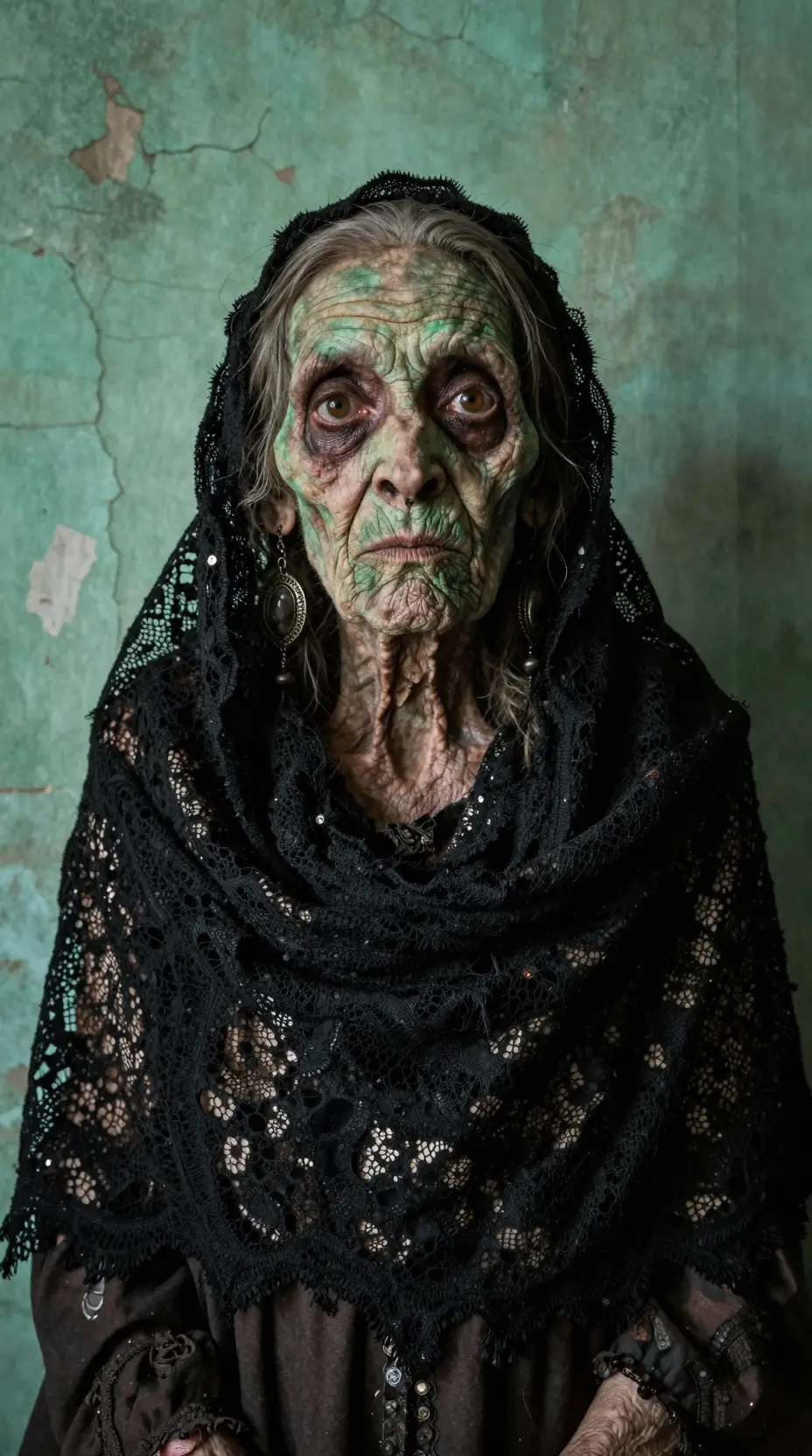 Ominous Old Crone With Wrinkled Green Skin In Lace Shawl