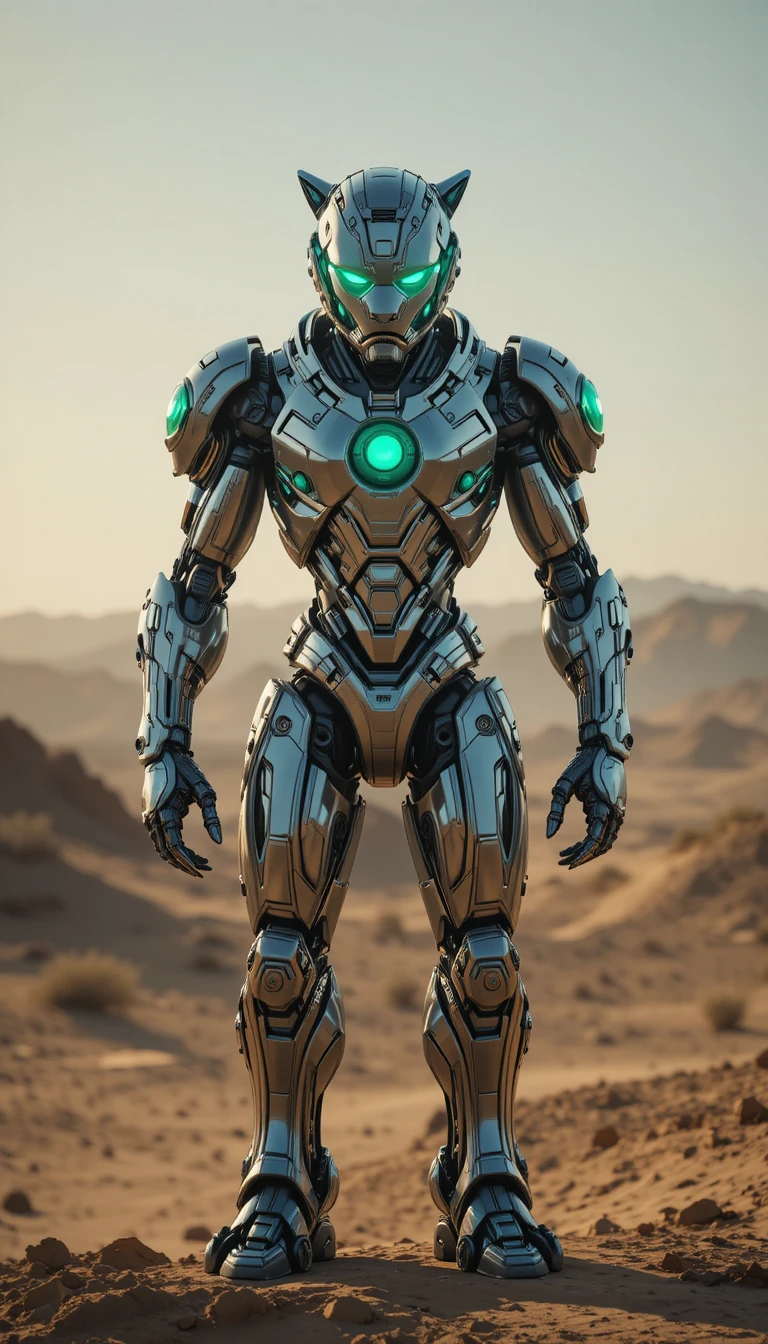 Futuristic Robot Lion Humanoid Standing Alone In Desert