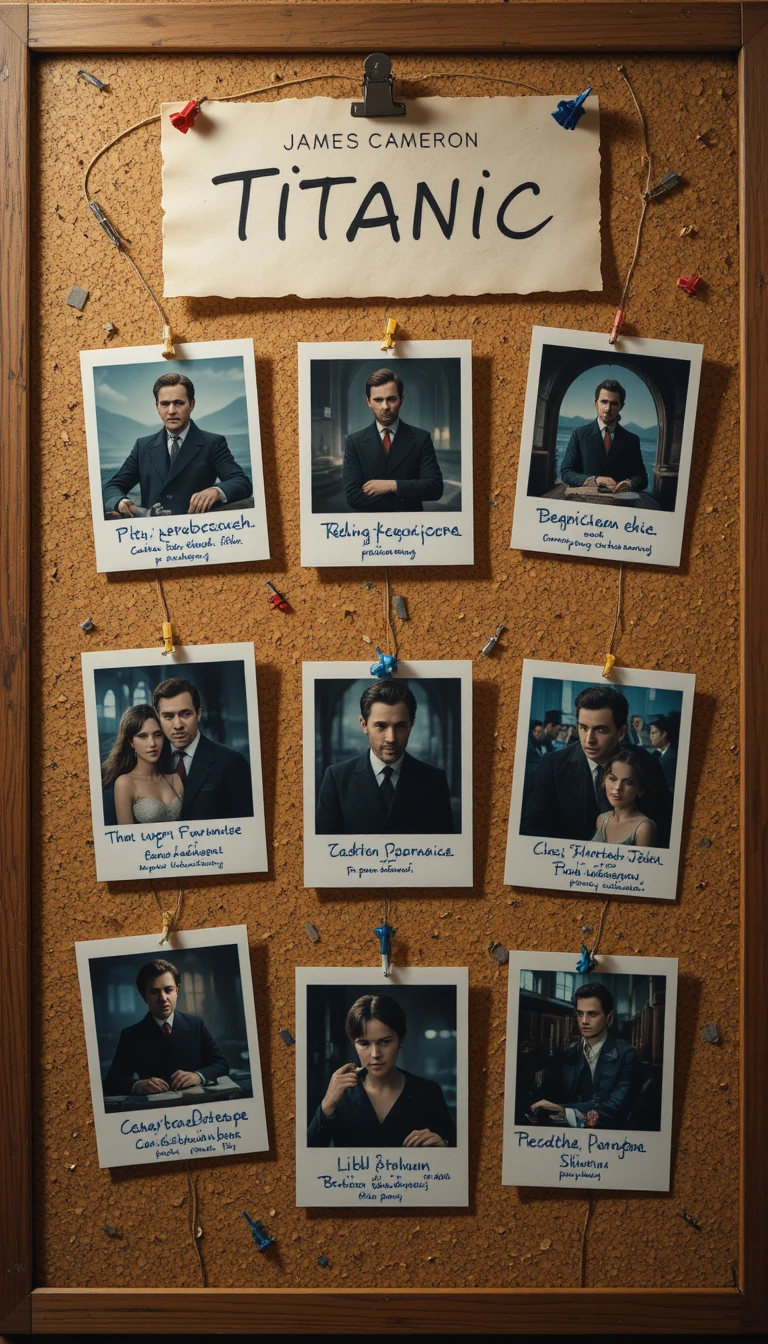 Corkboard timeline of the film Titanic with Russian notes
