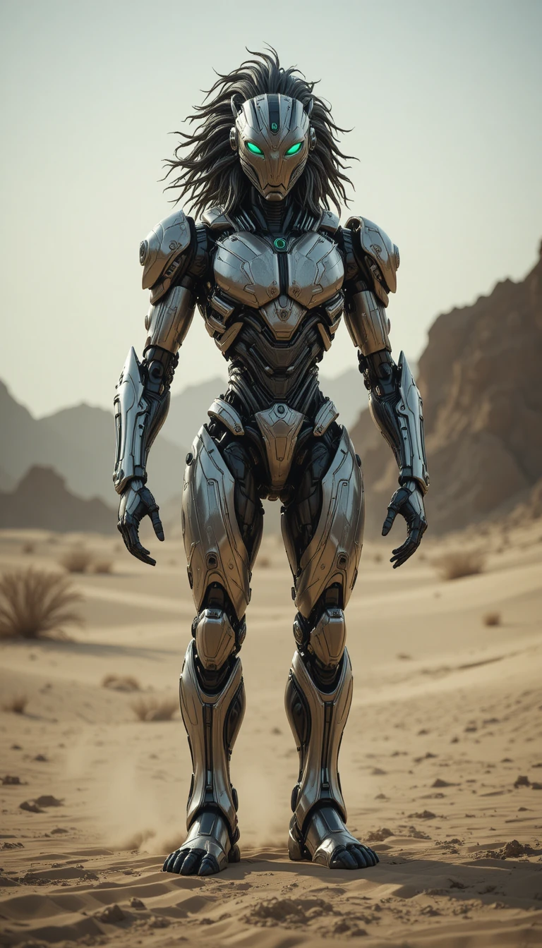 Futuristic Robot Lion Humanoid Standing In Desert Landscape