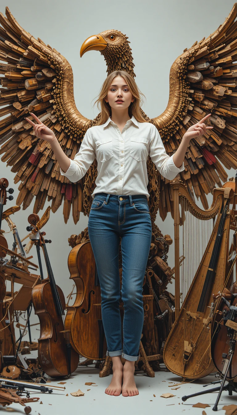 Barefoot fashion model conducting a giant musical bird sculpture