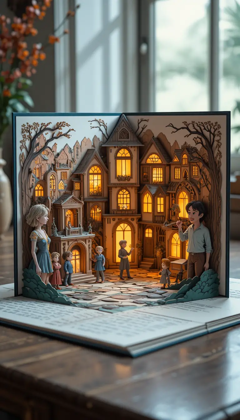 Voluminous pop up card with magical paper scene