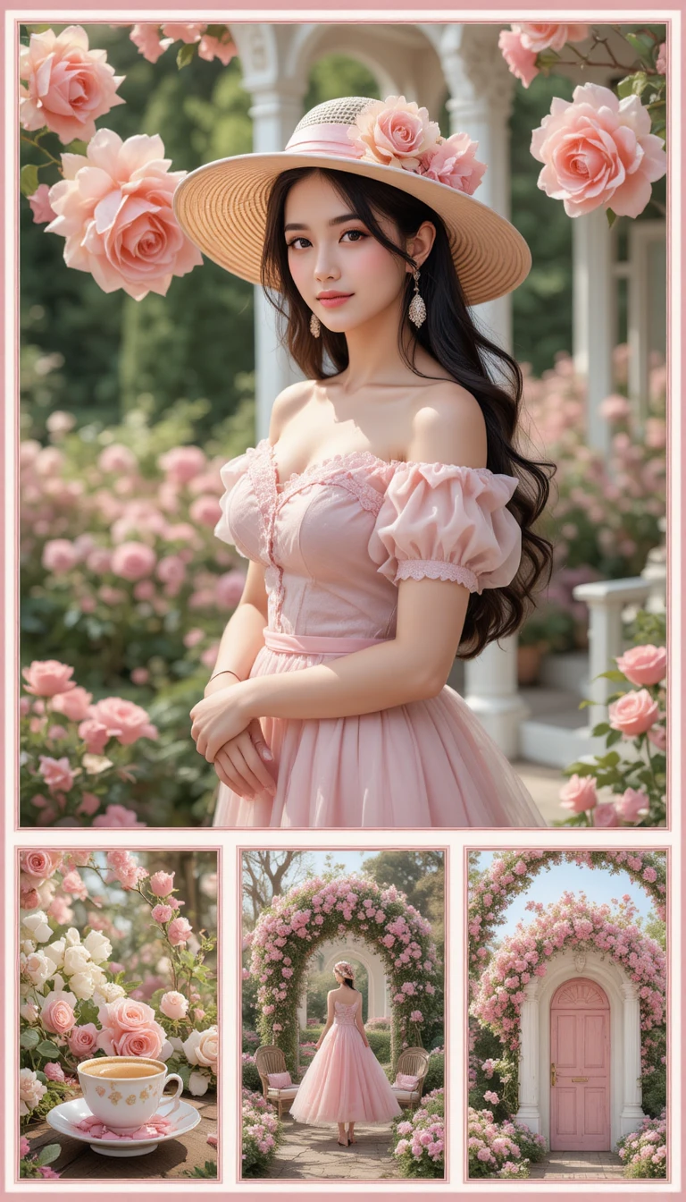Girl in pink dress in a romantic cottage garden