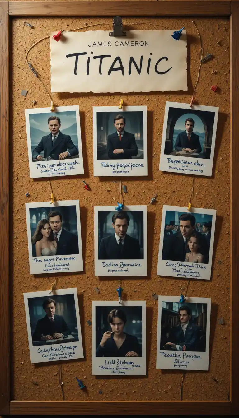 Corkboard timeline of the film Titanic with Russian notes